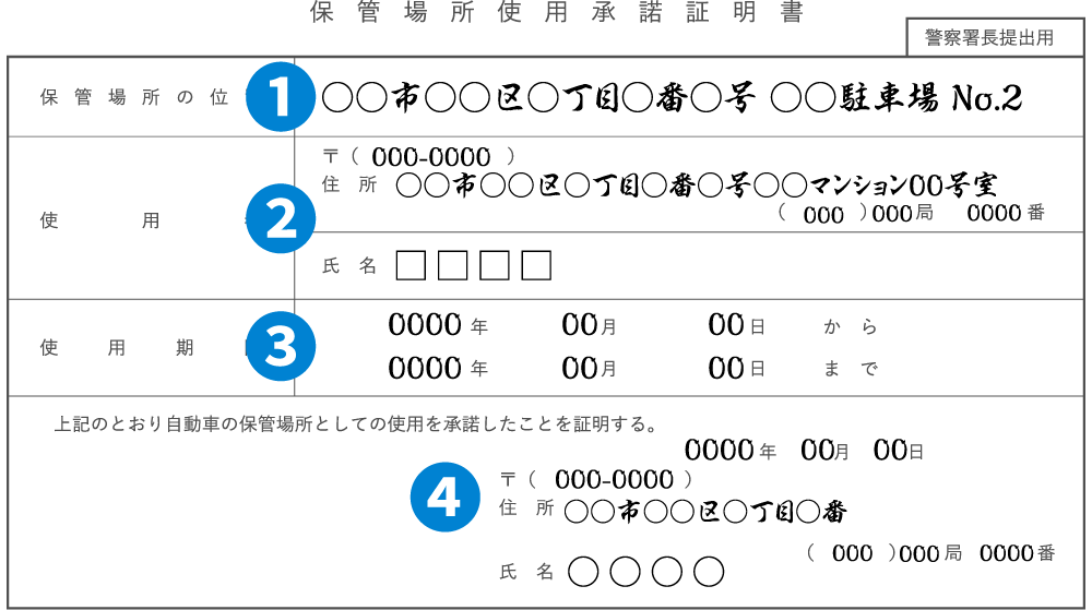 保管場所使用承諾証明書の書き方例